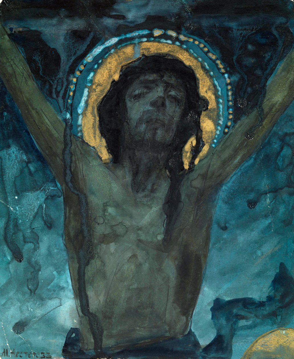 ""Krisztus a kereszten"" Mihail Vasziljevics Neszterov (1862-1942) festménye Mérete 19x15,5 cm Magángyűjtemény alkotó: Mikhail Vasilievich Nesterov