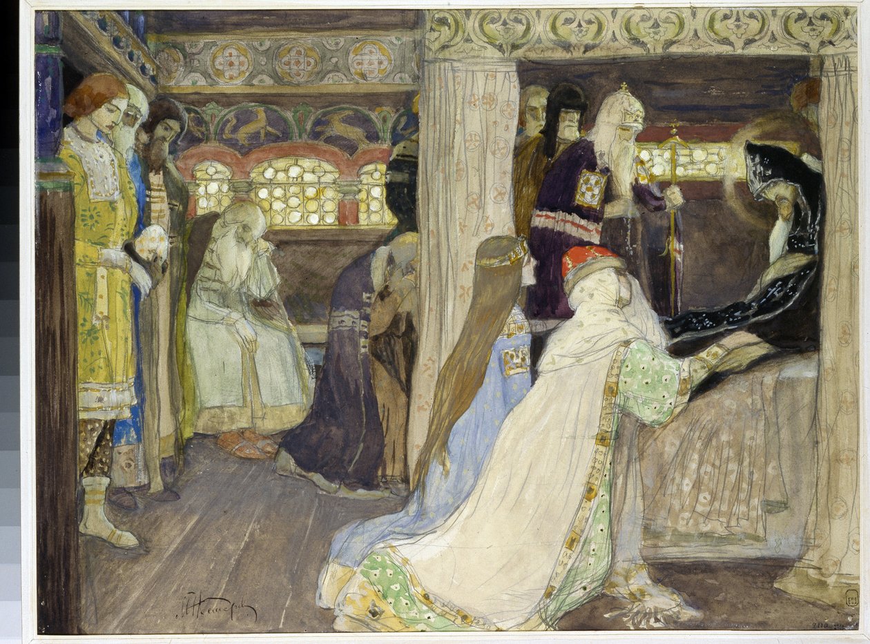 Alekszandr Nyevszkij nagyherceg (1220-1263) halála. ( Alekszandr Nyevszkij nagyherceg halála). Mihail Vasziljevics Neszterov (1862-1942) munkája, akvarell és gouache papíron alkotó: Mikhail Vasilievich Nesterov