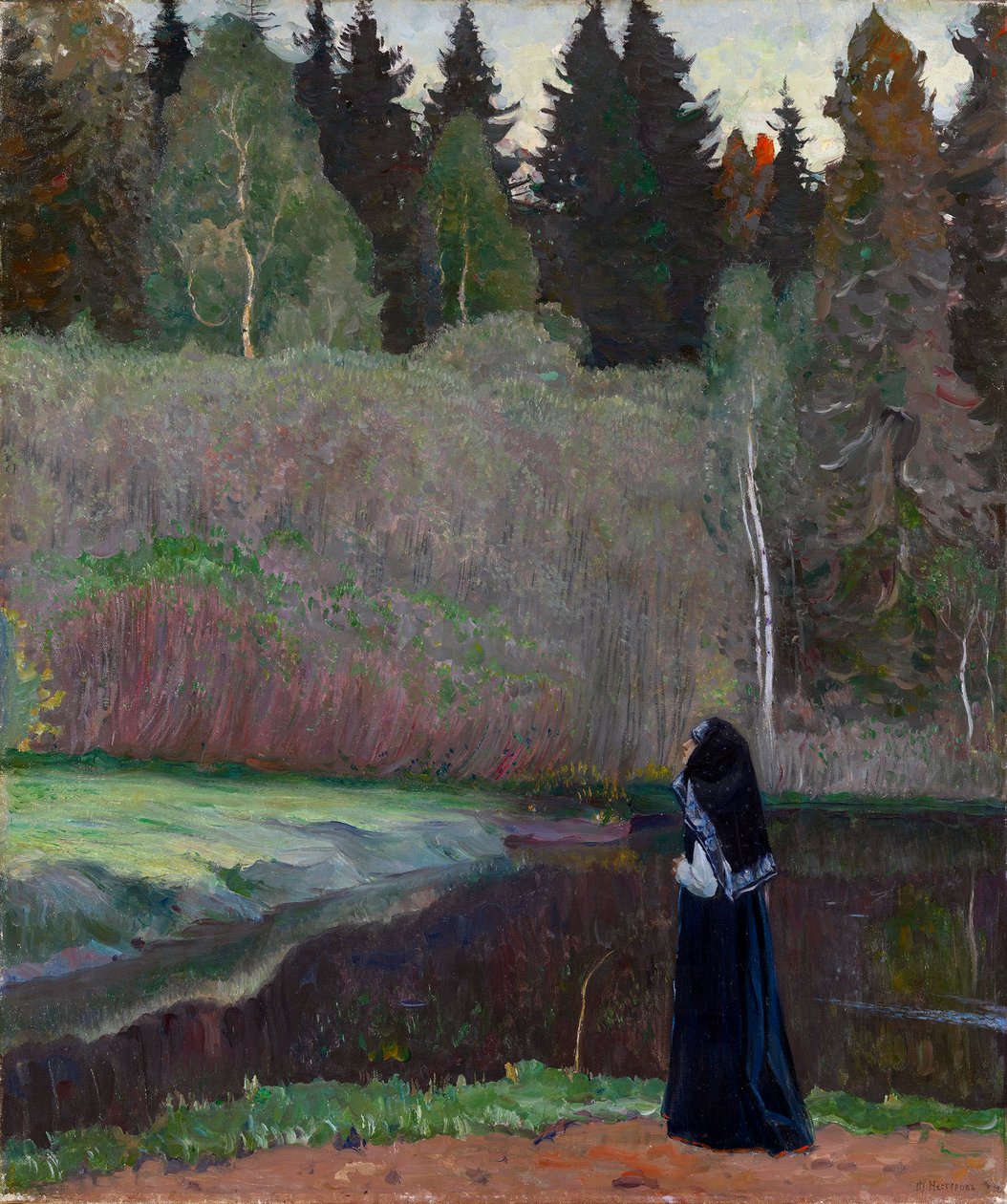 ""Le chant du rossignol"" (A csalogány énekel) Egy apáca madárdalt hallgat - Mihail Vasziljevics Neszterov (1862-1942) festménye 1918 Méret 81x68,5 cm Magángyűjtemény alkotó: Mikhail Vasilievich Nesterov