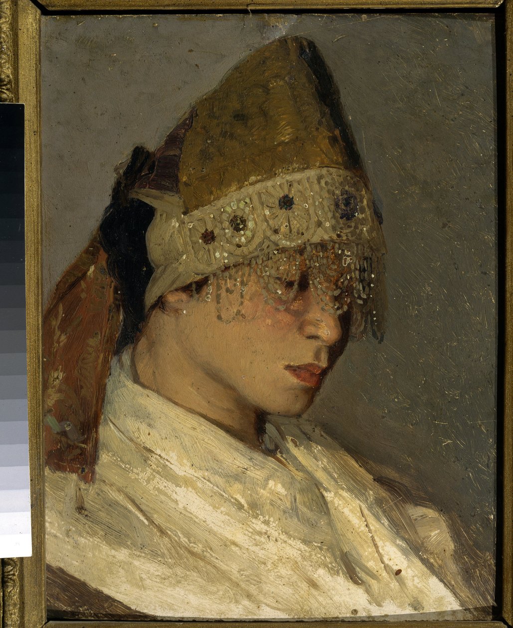 Egy Kokochnikot (A Girl With Kokoshnik) viselő lány. Hagyományos, magas orosz női fejdísz, hátul szalaggal átkötve, elöl gyöngyökkel és hímzéssel díszített. Mihail Vasziljevics Neszterov (1862-1942) festménye, olaj, fa alkotó: Mikhail Vasilievich Nesterov