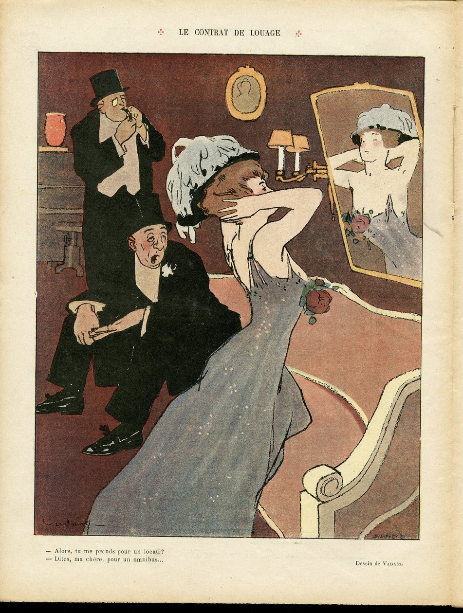 Illusztráció: Vadasz Miklós (1884-1927) Le Rire, 07/03/08 - Bérbeadási szerződés - Prostitúció, Belső építészet alkotó: Miklós Vadász