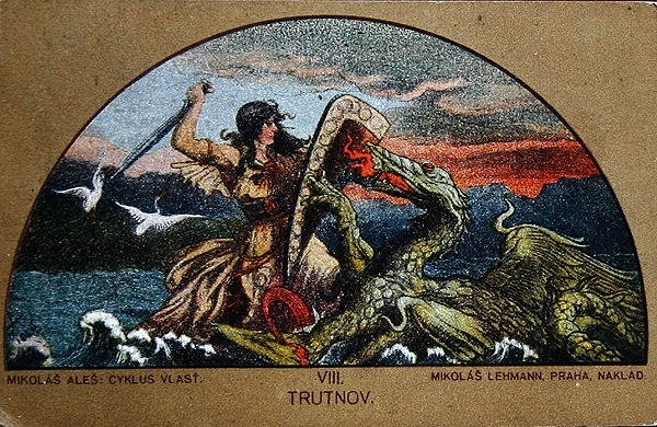 Képeslap, amely a Knight Trutot ábrázolja a sziklák sárkányával harcban, 1900 körül (színes litó) alkotó: Mikolas (after) Ales