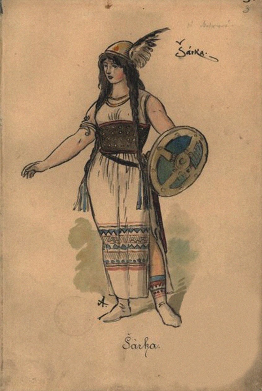 Sarka. Jelmezterve Zdenek Fibich Sarka című operájához, 1897. alkotó: Mikolas Ales
