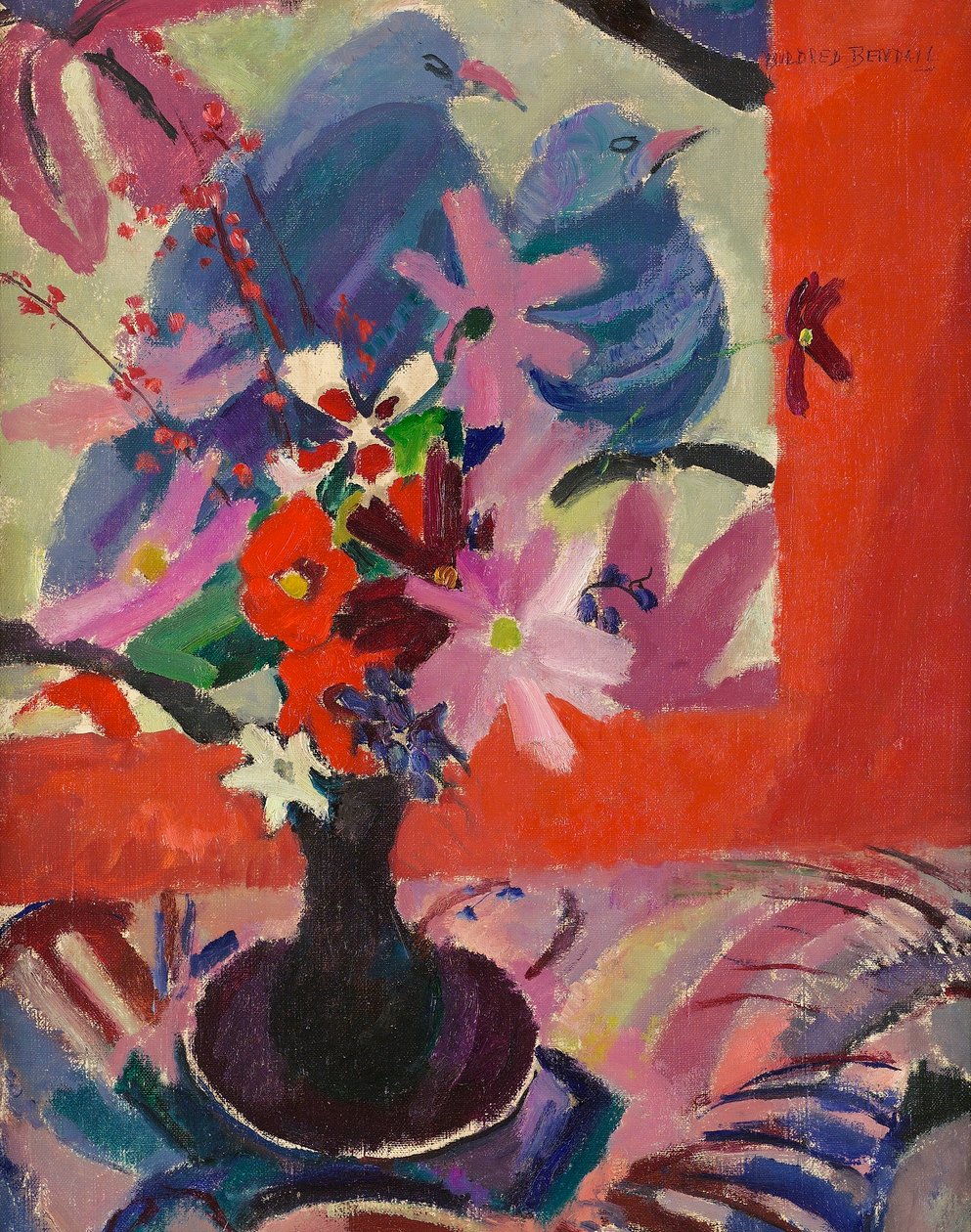 Virágok madarakkal, 1926 körül alkotó: Mildred Bendall