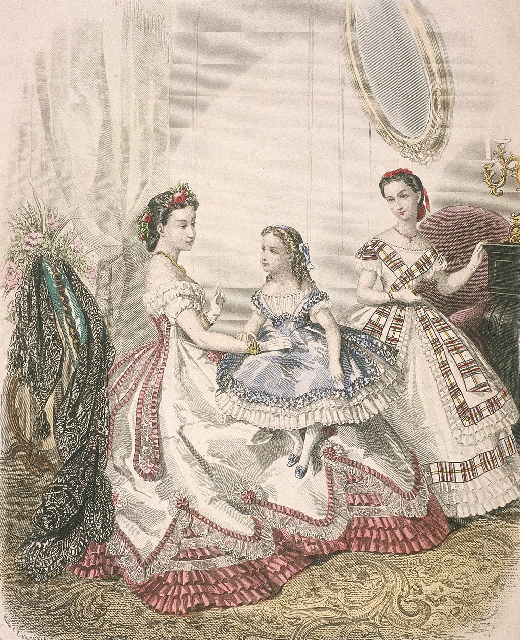 Két nő és egy kislány, aki a legújabb beltéri divatot viseli, c1860 alkotó: Millia Lacouriere