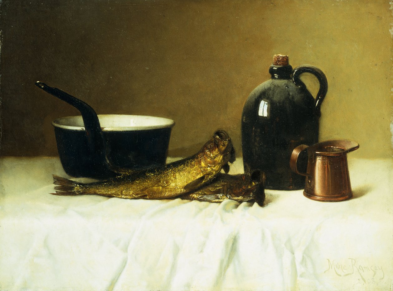 Csendélet heringgel, fazékkal, kancsóval és mértékkel, 1908 alkotó: Milne Ramsey