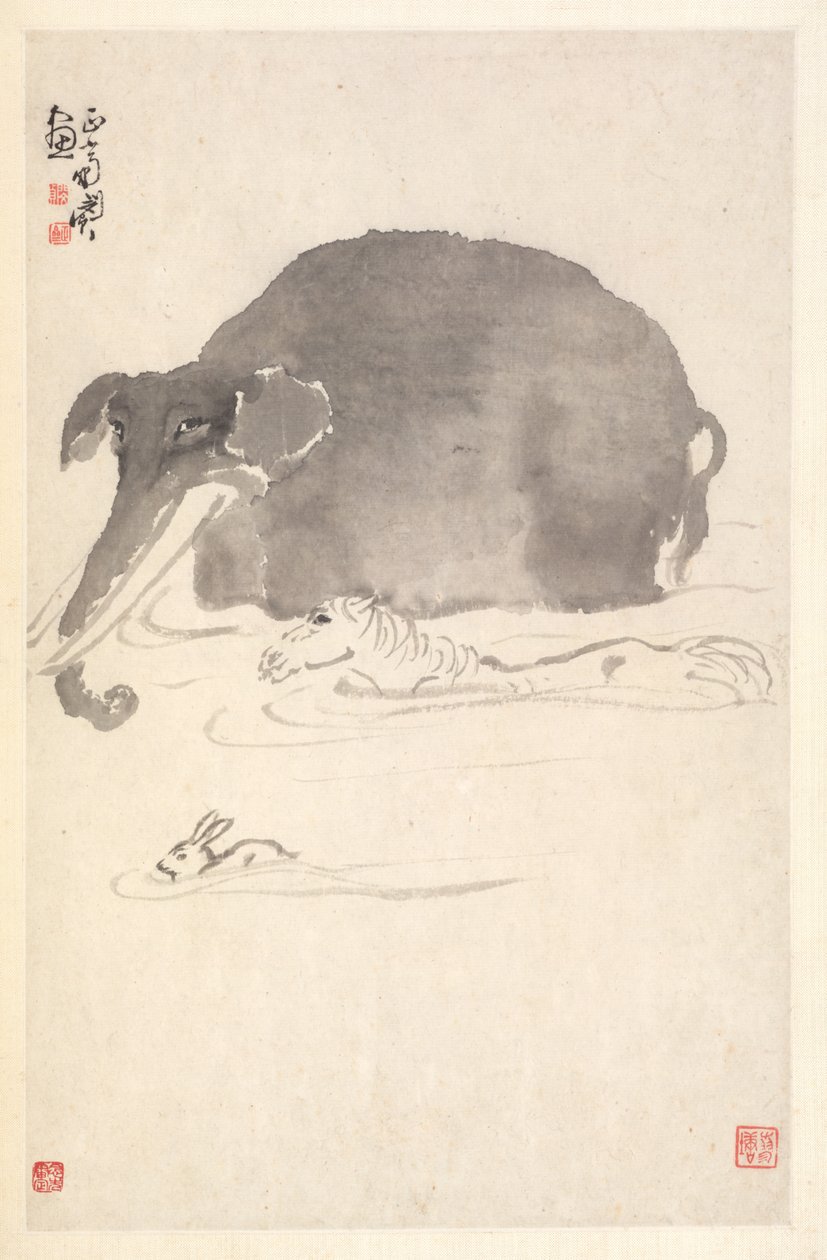 Elefánt, ló és nyúl, 1788. alkotó: Min Zhen