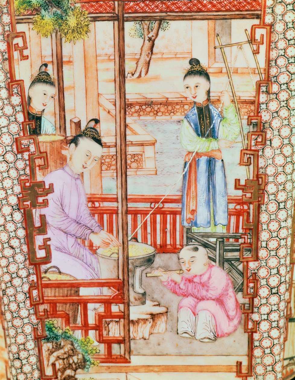 Részlet egy vázából, amely selymet fonó nőket ábrázol alkotó: Ming Dynasty Chinese School