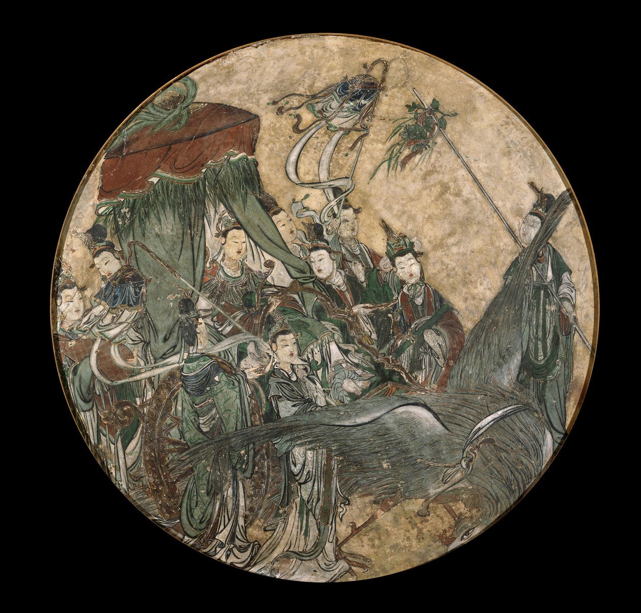 Polikróm freskó, amely egy női méltóságot ábrázol, aki Ruyi jogart tart, miközben egy Főnix vonzott szekéren ül alkotó: Ming Dynasty Chinese School
