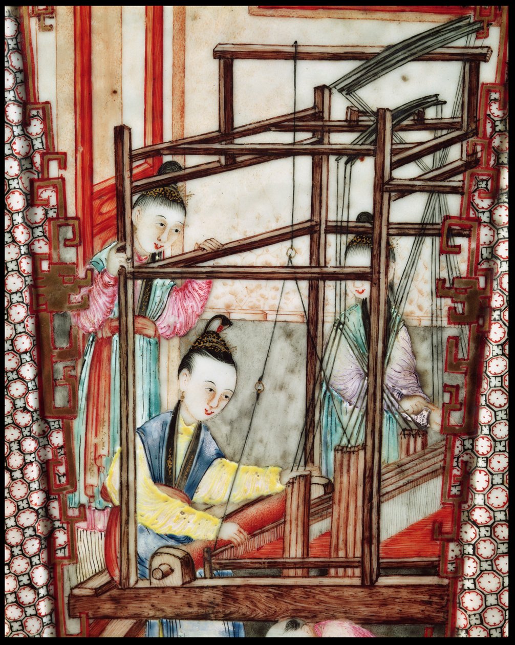 Részlet egy vázából, amely selyemszövést ábrázol (kerámia) alkotó: Ming Dynasty Chinese School