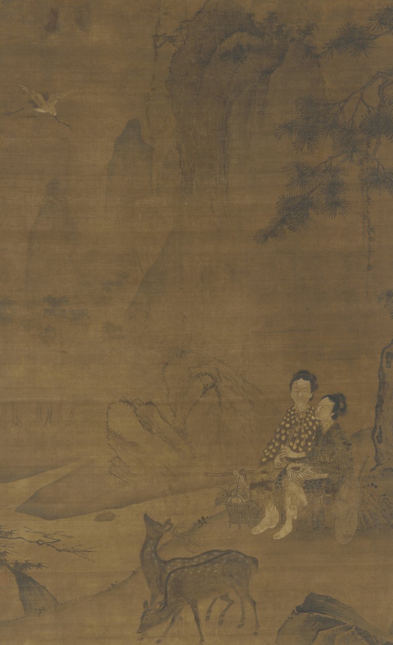 Női halhatatlanok gyógynövényeket gyűjtenek alkotó: Ming Dynasty Chinese School