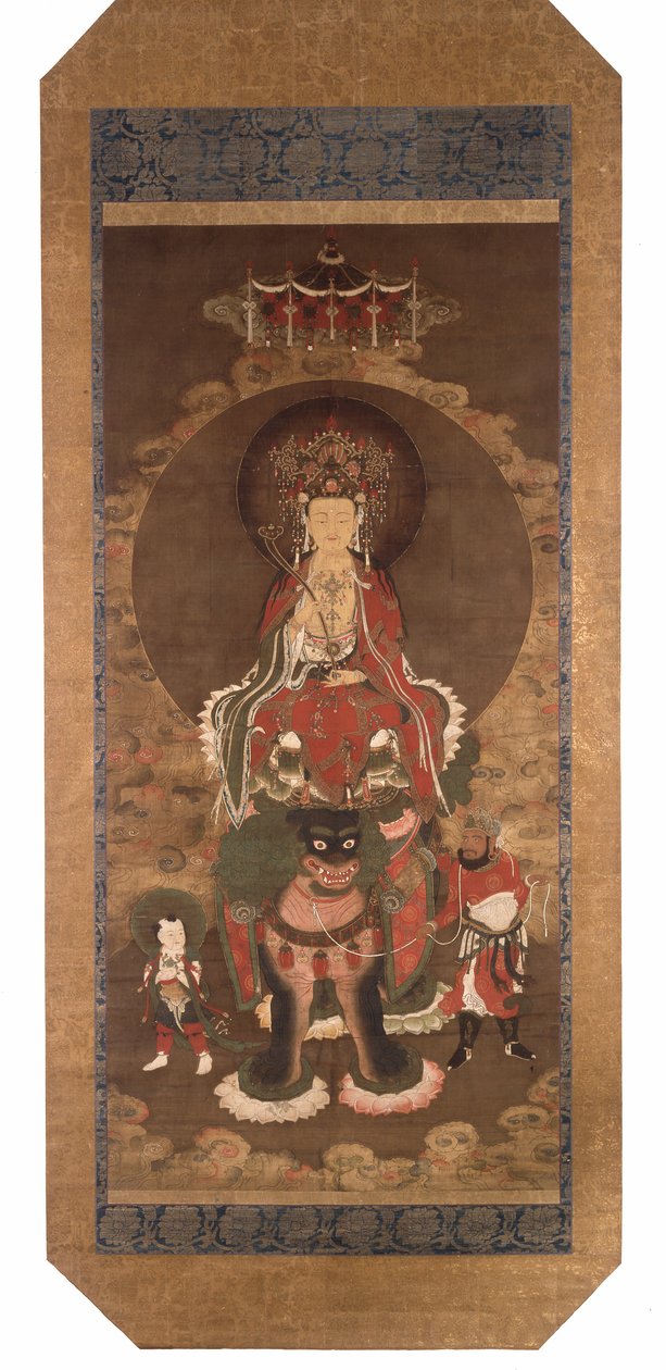 A bódhiszattva Mañjusrî egy oroszlánon, 14. század vége (tinta, szín és arany pigment selyemre) alkotó: Ming Dynasty Chinese School