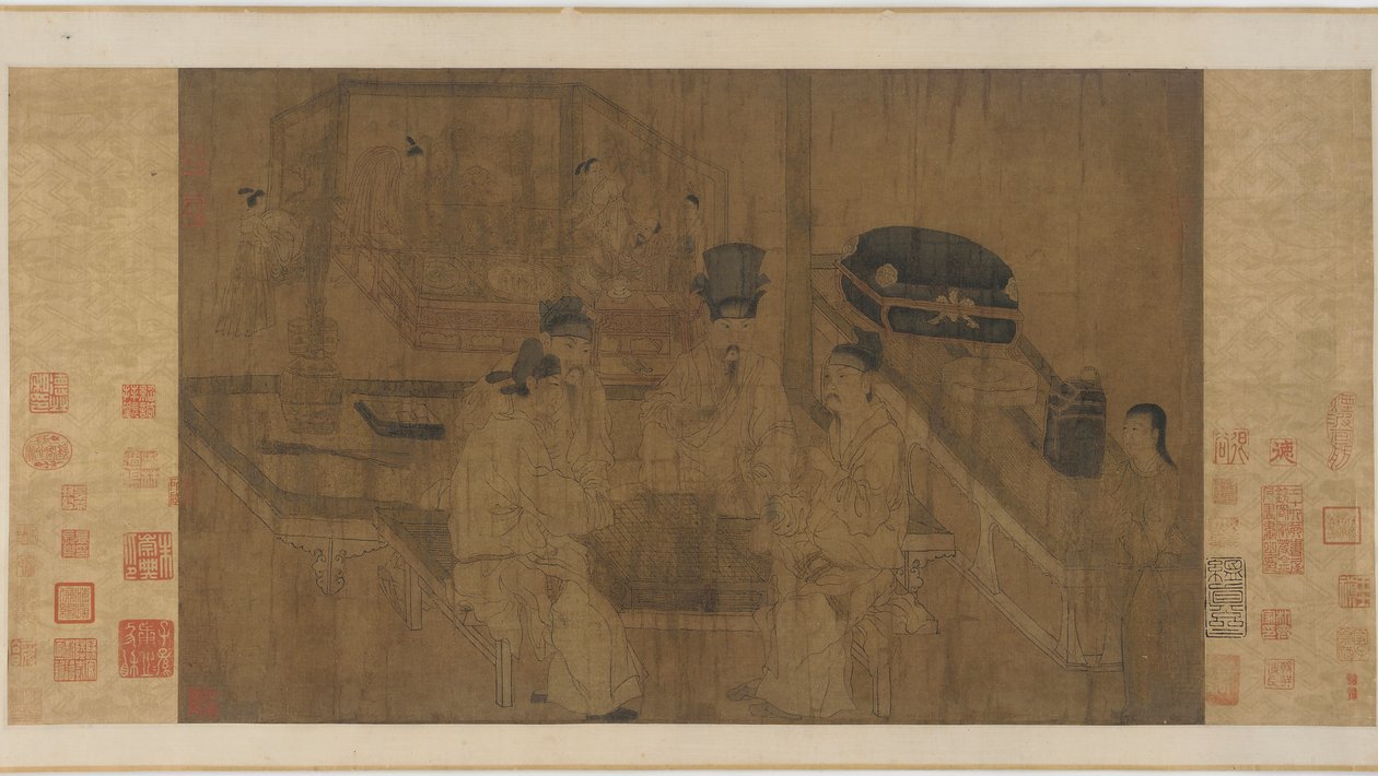 A dupla képernyő: Li Jing császár nézi testvéreit, akik Weiqit játszanak (tinta és színes selyemen) alkotó: Ming Dynasty Chinese School