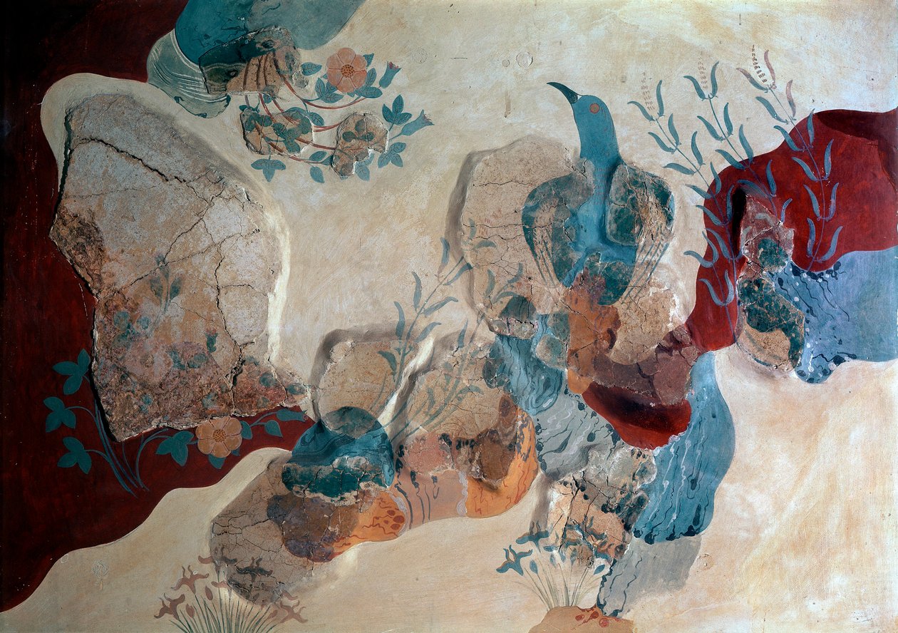 Minószi művészet: „Kék madár” A Freskóház freskójának részlete. Kr.e. 1500. Heraklion, Régészeti Múzeum, Kréta - Minószi művészet: kék madár. Madarat ábrázoló freskó részlete sziklák, vadrózsák és íriszek között, a Freskók Házából alkotó: Minoan
