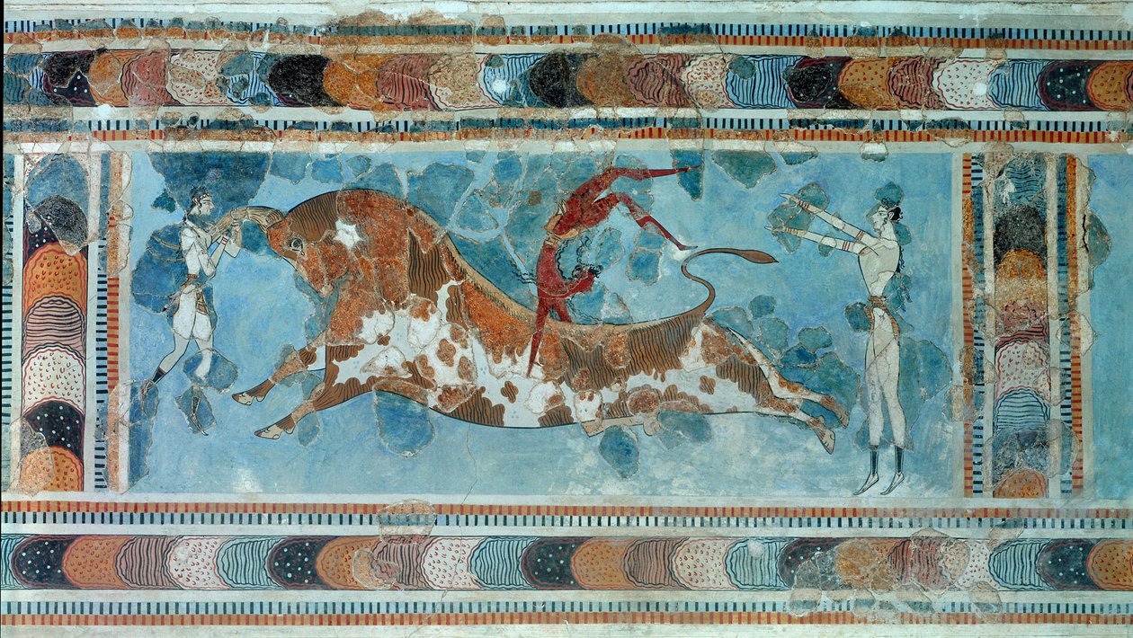 Minószi civilizáció: „” taurokathapsia (vagy taurocatapsia) színhelye, krétai sport, amely egy bika hátára ugrásból áll. Kr.e. 1700-1400. Heraklion, Régészeti Múzeum alkotó: Minoan