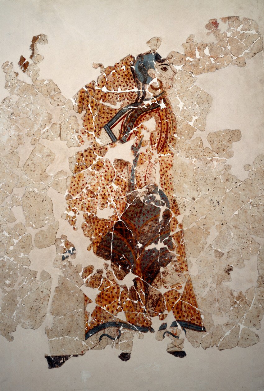Minószi civilizáció: nők az istentiszteleten. Részlet. Freskó a Xeste 3 lustrális medencéjéből Akrotiriben (Thera), Santorini. Homályos. 143x381 cm Kr.e. 16. század Santorini, Akrotiri a Thera freskógyűjteménye alkotó: Minoan