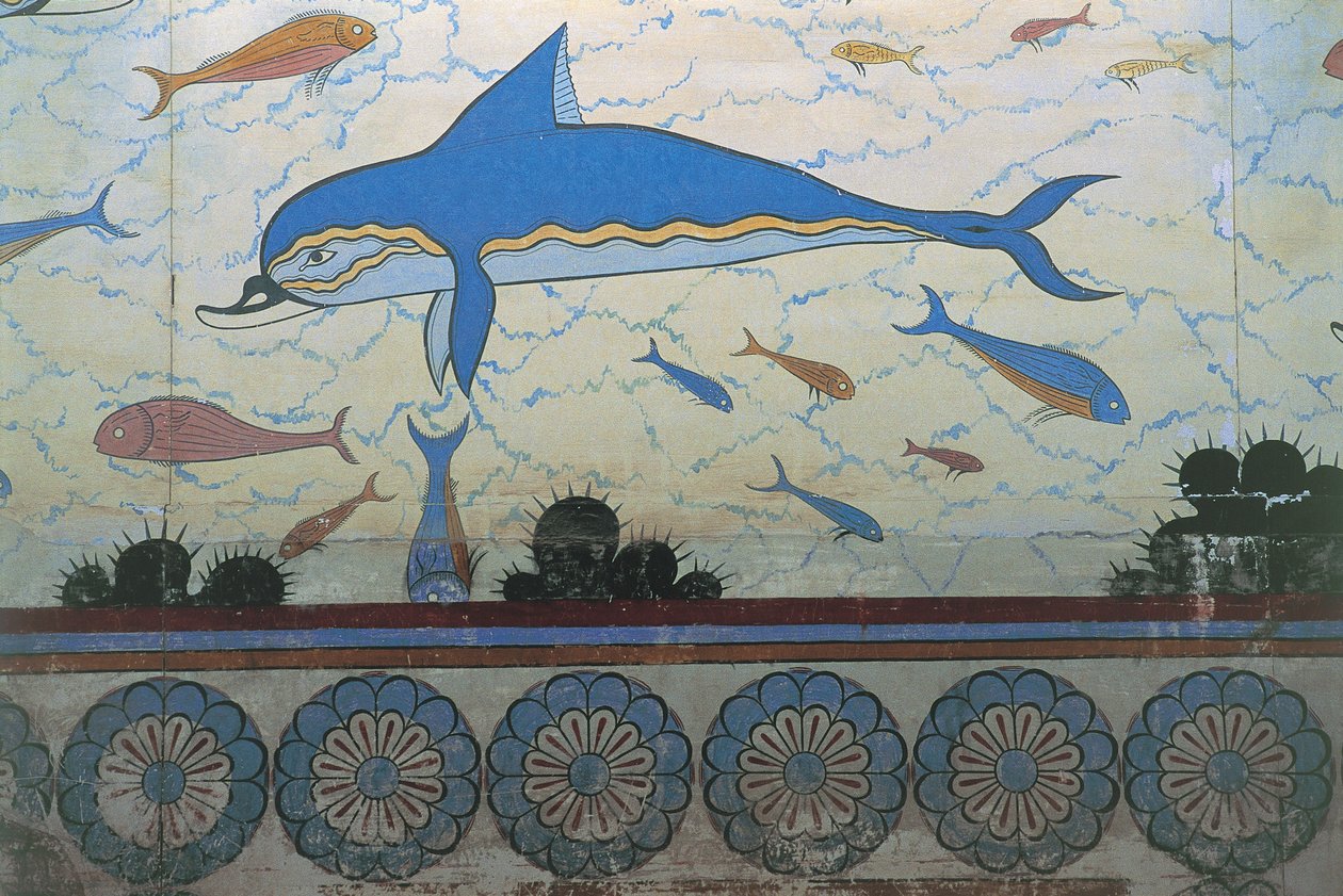 Közeli kép egy falfestményről egy palotában, Minos palota, Knossos, Kréta, Görögország alkotó: Minoan