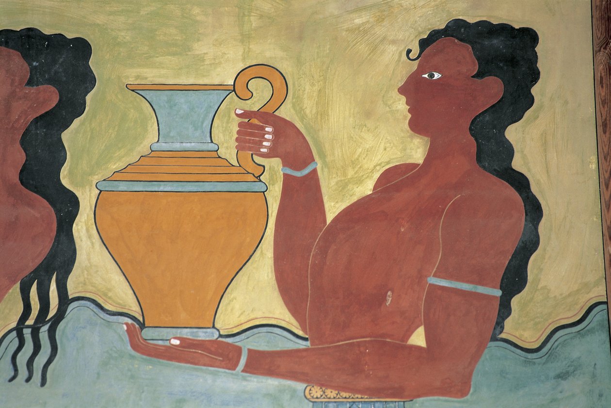 Közeli kép egy falfestményről a palota falán, Minos palota, Knossos, Kréta, Görögország alkotó: Minoan