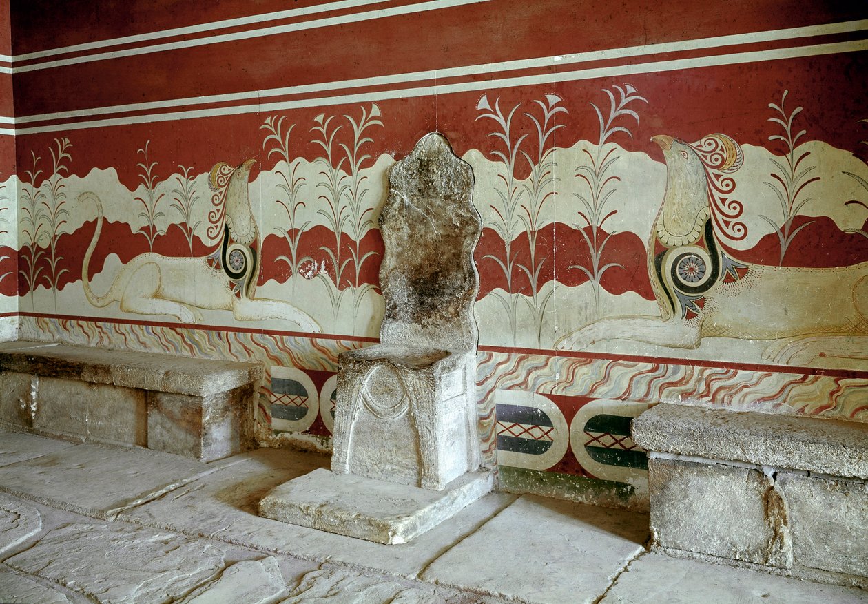 Minószi civilizáció: Minos a Cnossos (Knossos) király palotájának tróntermének kilátása. Kréta – Minószi civilizáció: kilátás Minosz király knósszosi palotájának tróntermére. Kréta, Görögország alkotó: Minoan