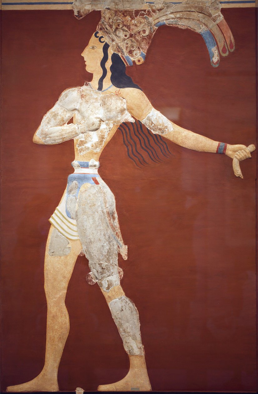 Minoen art „A liliomok hercege”” freskó. Eredeti rekonstrukció abból a néhány töredékből, amelyet A. Evans talált a knossosi régészeti lelőhelyen. Heraklion régészeti múzeuma. Ez a rekonstrukció bizonytalan. Knossos, Kréta. alkotó: Minoan