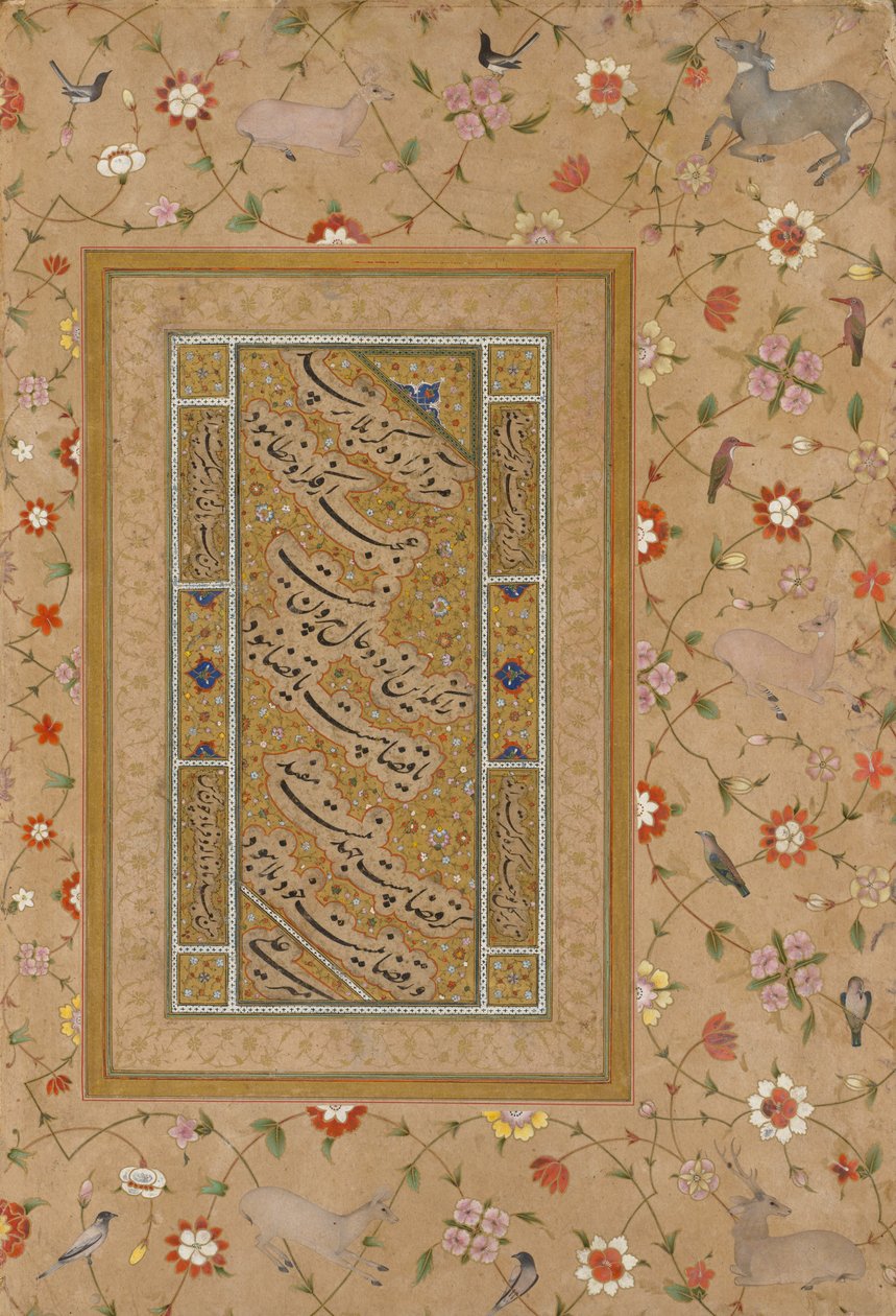 Oldal a késői Shah Jahan albumból: Perzsa kalligráfia virágok és madarak díszítő szegélyével keretezve alkotó: Mir 