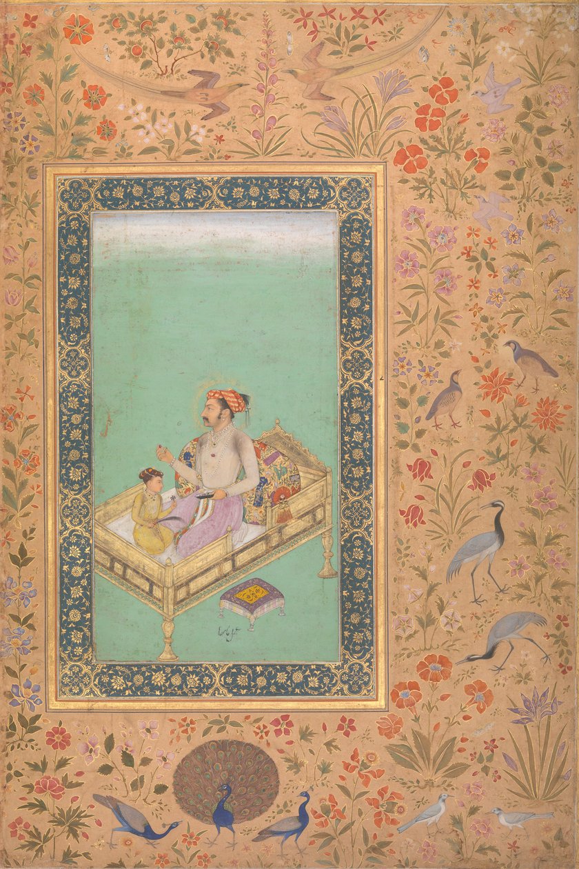 Shah Jahan császár fiával, Dara Shikoh-val, Folio a Shah Jahan albumból, Verso: Ca.1620 alkotó: Mir 
