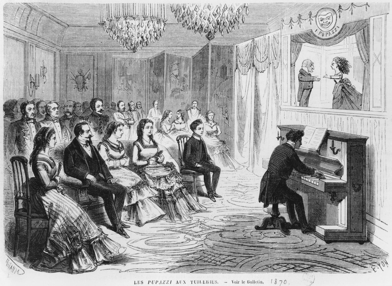 Az I. Pupazzi bábelőadás III. Napóleon császár (1808-73), Eugenie császárné (1826-1920) és Jenő Lajos Napóleon Bonaparte herceg (1856-79) előtt a Tuileriákban, Edmond Yo metszetével alkotó: Miranda
