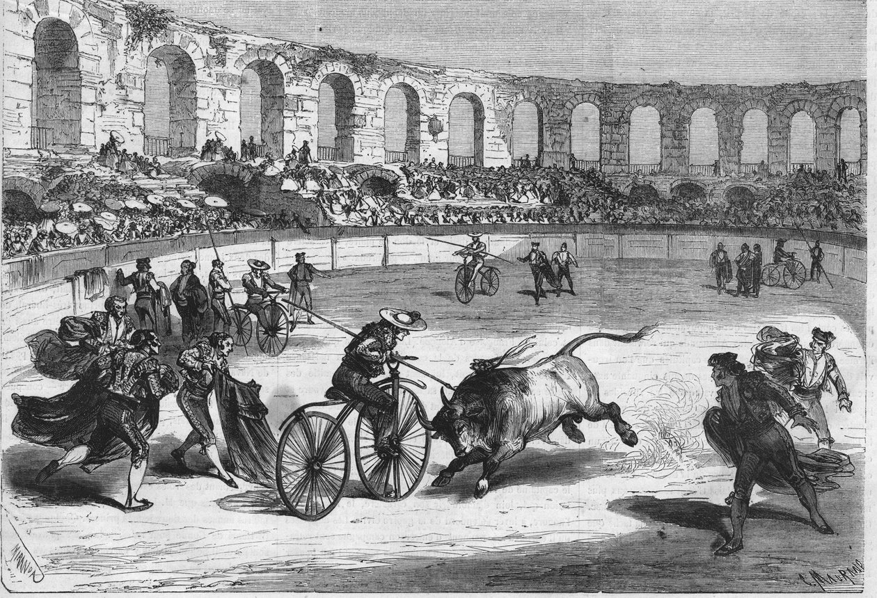Bikaverseny a Nimes-i Arénában 1869-ben. A toreadorok velocipédre ültek. Mr. Miranda rajza. alkotó: Miranda Miranda