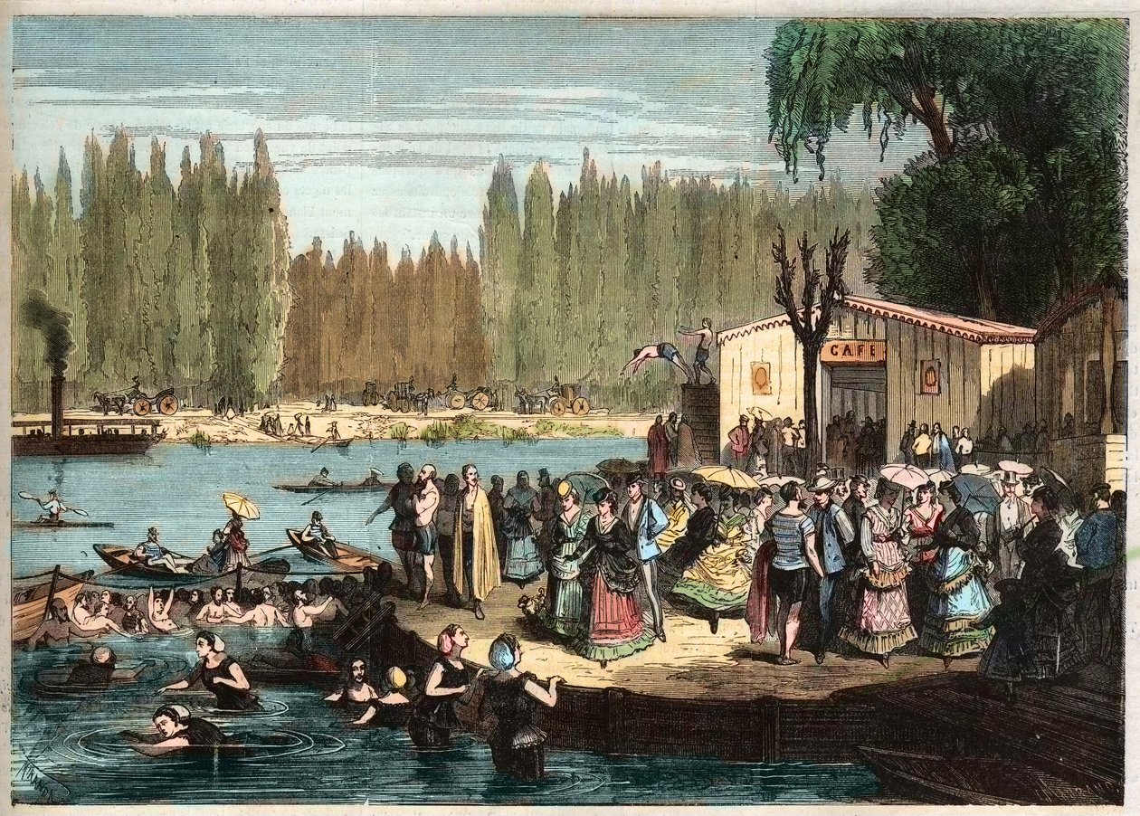Úszás a La Grenouillere-ben, Párizs mellett - La Grenouillere a Croissy-sur-Seine-ben 1869-ben - Miranda után alkotó: Miranda Miranda