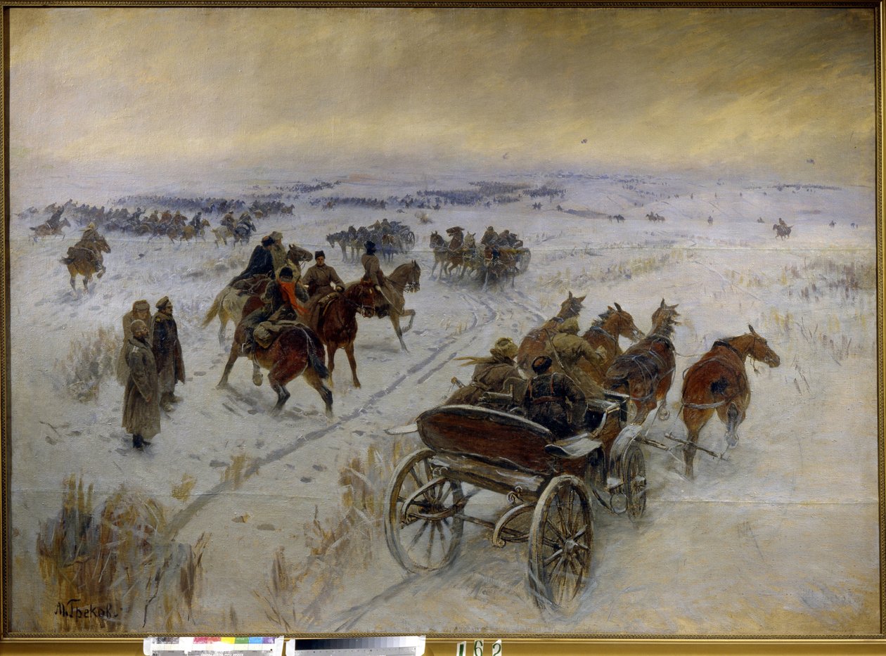A csata Jegorlykskayánál (Oroszország). Az orosz polgárháború (1917-1923) epizódja, a Vörös Hadsereg és a Fehér Hadsereg lovasságának összecsapása a havas síkságon. Mitrofan Boriszovics Grekov (1882-1934) festménye, olaj, vászon alkotó: Mitrofan Borisovic Grekov
