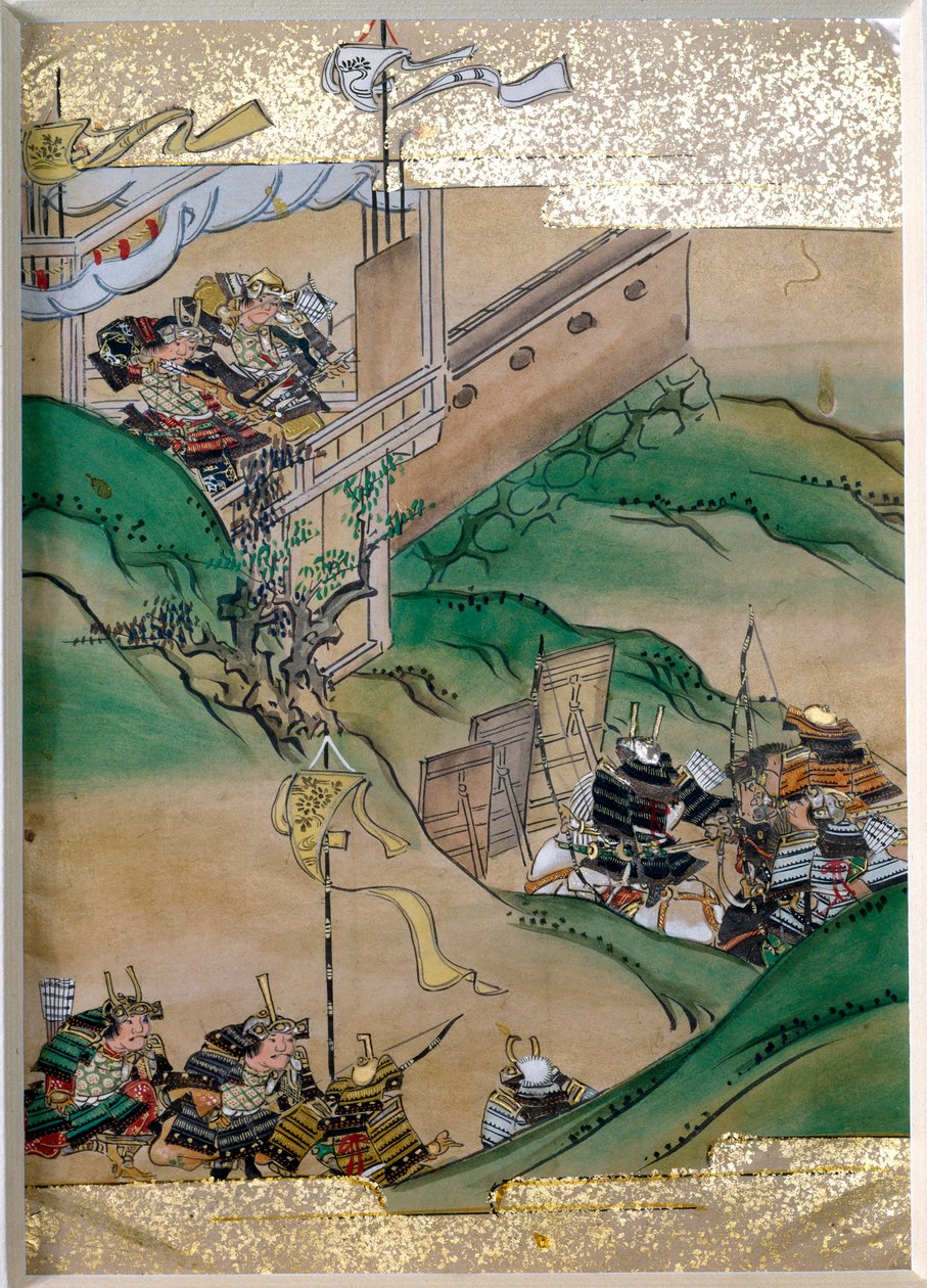 A birodalmi harcok epizódja Japánban (1308-1368). A Tosa iskola miniatúrája (XVII. század) arany levelekkel és osztriga gyöngyházzal. Magángyűjtemény alkotó: Mitsuhiro (after) Tosa