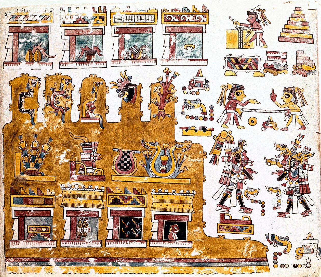Mixtec civilizáció: Mixtec Codex a templom előtti tevékenységek illusztrációival - Prekolumbiai művészet, vegyes civilizáció: mindennapi élet jelenetei a templom előtt - Részlet a Codex Vindobonensis vagy a bécsi kódex másolatából, amelyet Hernan küldött alkotó: Mixtec Mixtec