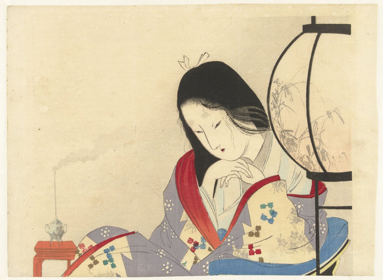 Nő a belső térben lámpa mellett, 1890-1908 (színes fametszet) alkotó: Mizuno Toshikata