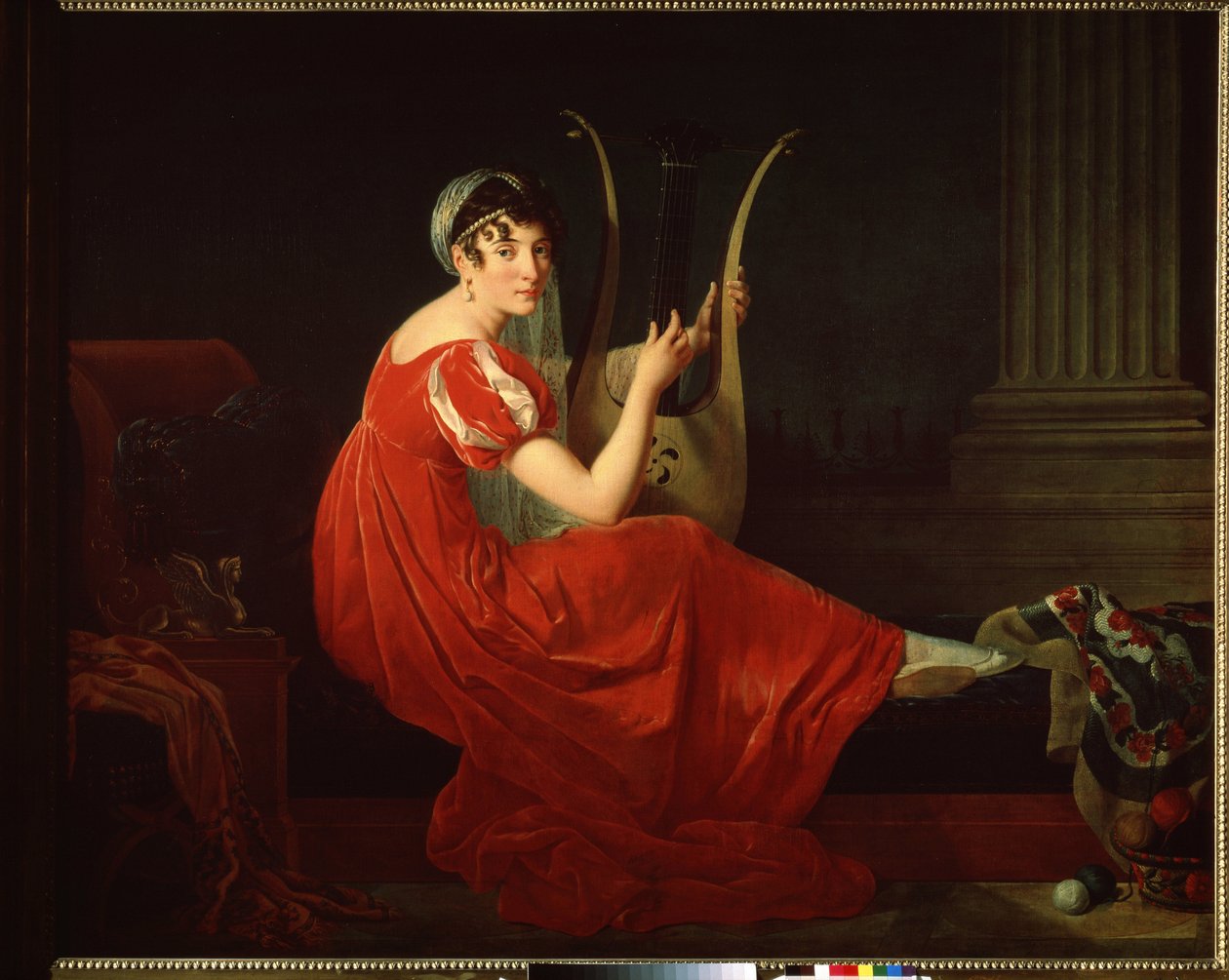 Josephine Budajevszkaja portréja. Elegáns nő a hárfával. Mademoiselle Riviere festménye (1780-?) alkotó: Mlle Riviere