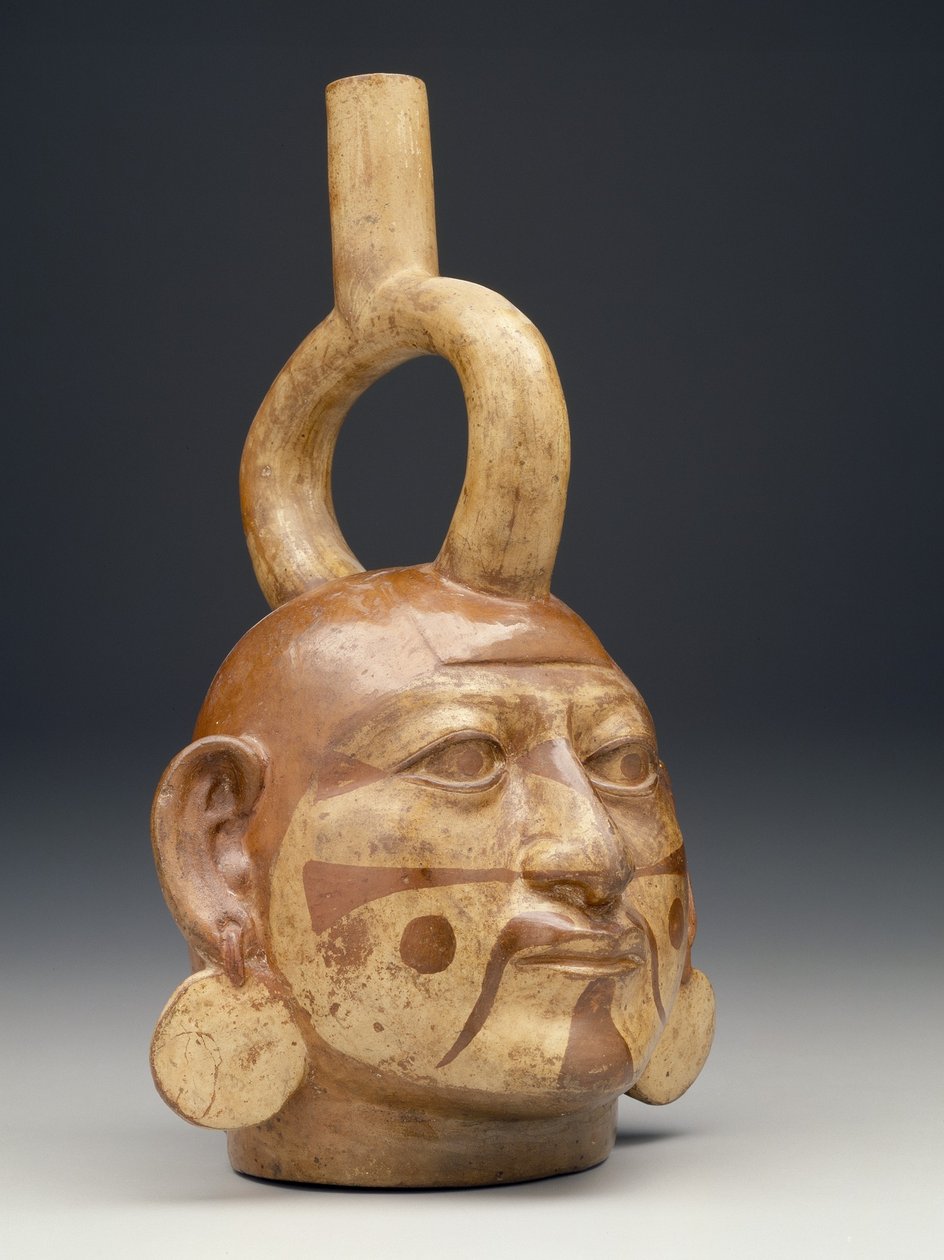Férfifej formájú kengyelkifolyós edény, Kr. e. 450-550 (kerámia) alkotó: Moche Moche