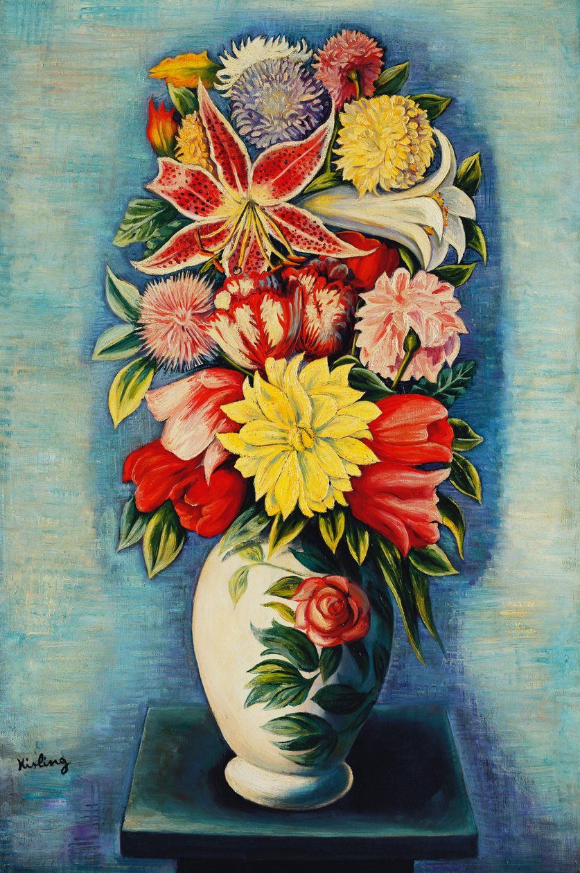Virágok: dáliák, tulipánok és liliomok; Bouquet de Fleurs: dáliák, tulipánok, liliomok és liliomok. alkotó: Moise Kisling