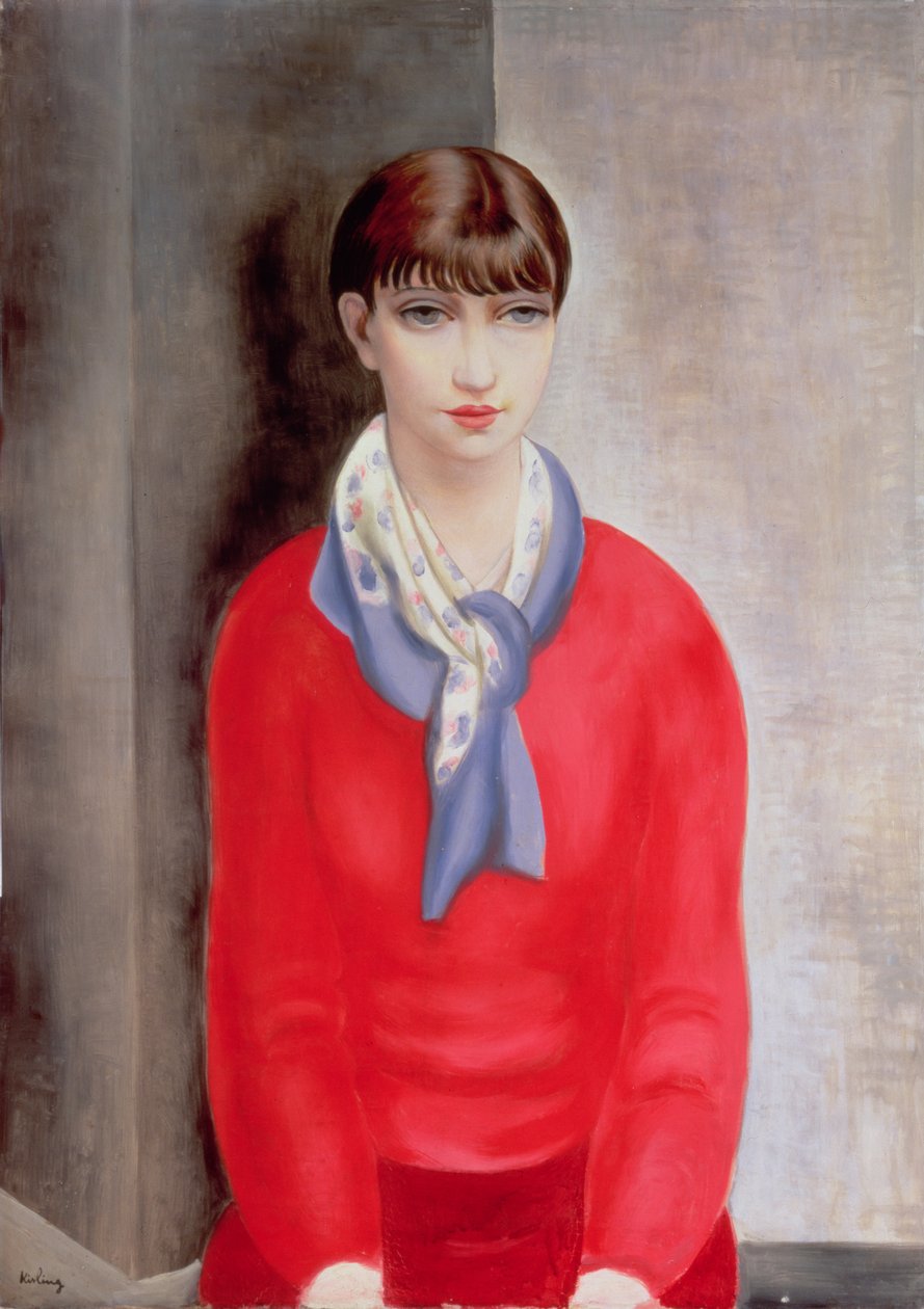Kiki de Montparnasse piros pulóverben és kék sálban alkotó: Moise Kisling