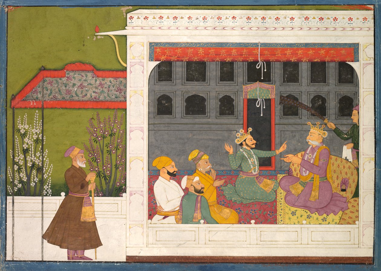 Shishupal vitatkozni Rukmini apjával, Bhishmaka, oldal egy Rukmani Mangal sorozatból, c. 1800. alkotó: Mola Ram