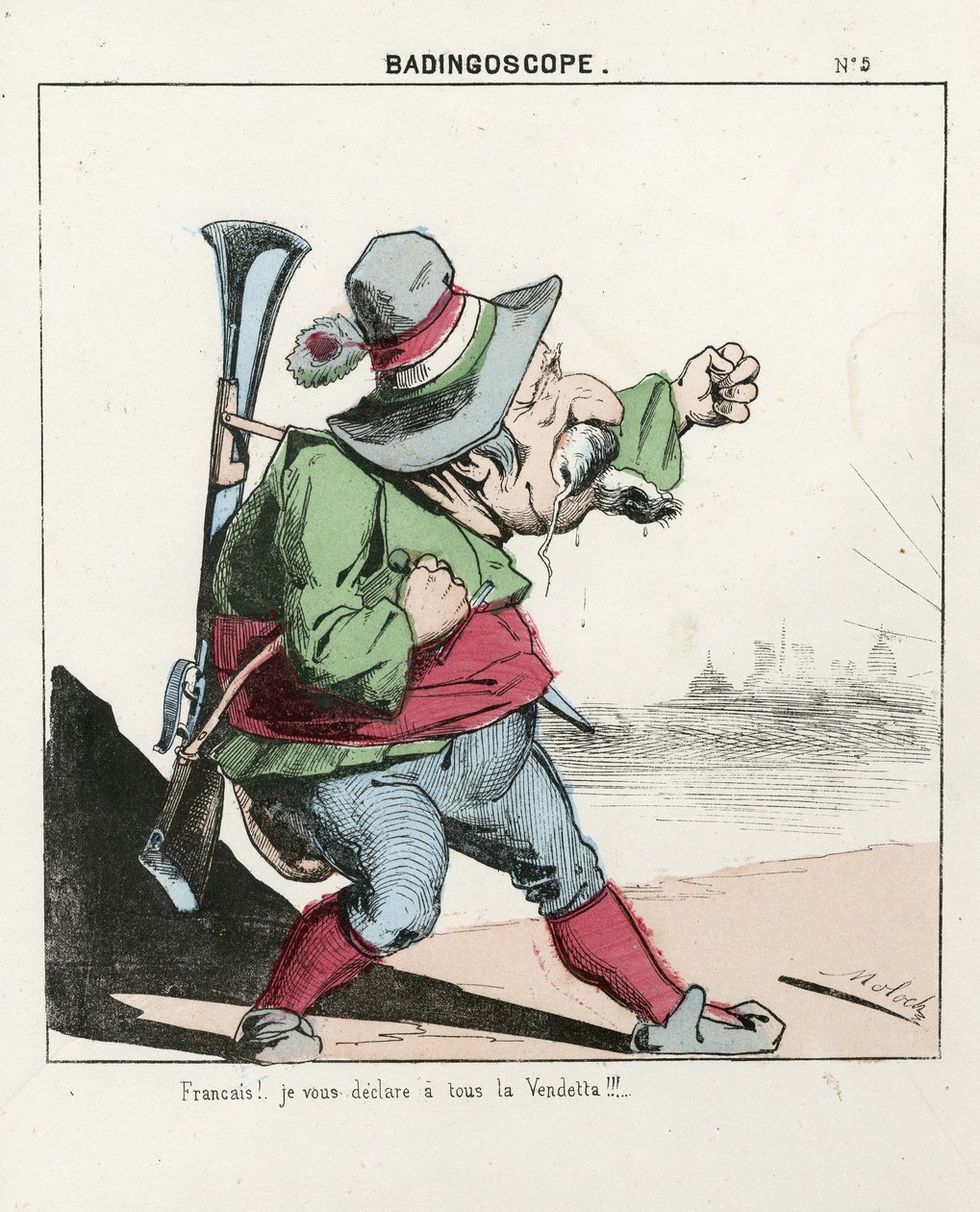 Repülő levél, 5. szám, Színes szatirikus, 1870 körül: Badingoszkóp – Párizs kommün/háború/ostrom, Hunt, köztársasági elnök – III. Napóleon – Illusztráció: Moloch (1849-1909) alkotó: Moloch