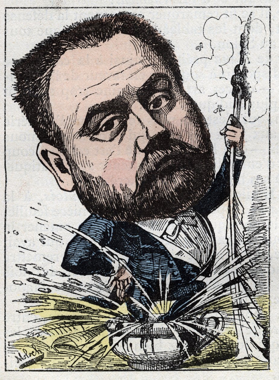 Emile Zola (1840-1902) francia író portréja Touchatout „Le Trombinoscope” című művében, B. Moloch karikatúrája 1882-ből (1849-1909). Magángyűjtemény. alkotó: Moloch