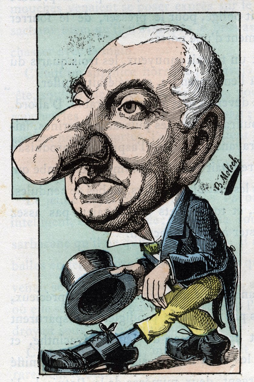 Louis Hyacinthe Duflost, Dit Hyacinthe (1814-1887) komikus és operetténekes portréja a Touchatout „Le Trombinoscope” című filmjében, B. Moloch karikatúrája 1882-ből (1849-1909). Magángyűjtemény. alkotó: Moloch