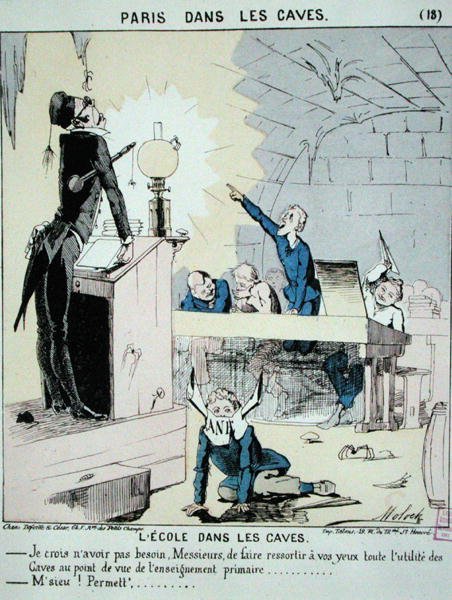 Az iskola a pincében, a „Paris dans les Caves”-ból, 1870 körül (színes metszet) alkotó: Moloch