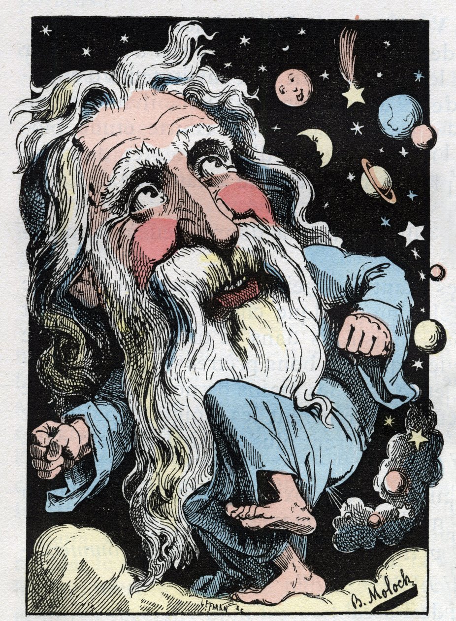 Isten allegóriája a „The Trombinoscope”-ban, Touchatout, B. Moloch rajzfilmje 1882-ből (1849-1909). Magángyűjtemény. alkotó: Moloch
