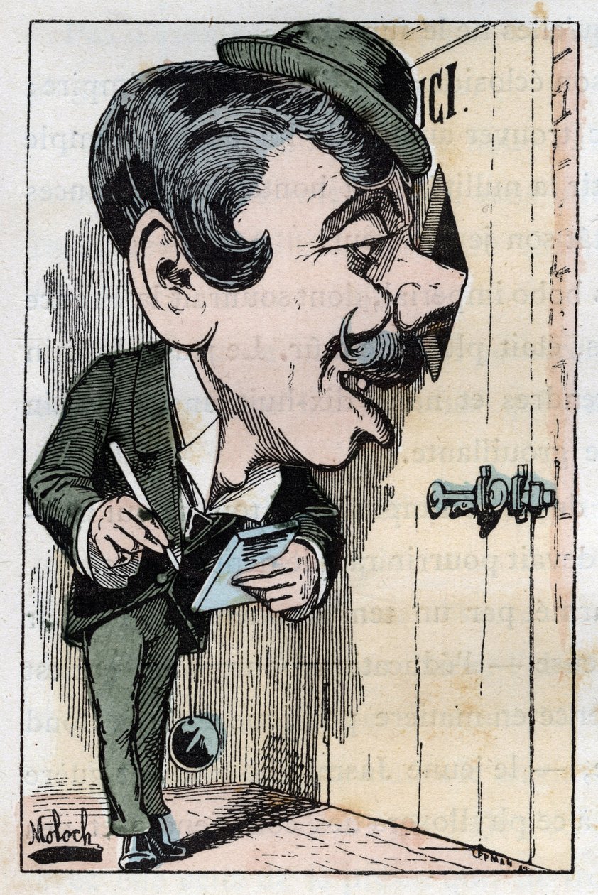 Egy „” riporter „” (újságíró) allegóriája a Touchatout „” Le Trombinoscope” című filmjében, B. Moloch rajzfilmje 1882-ből (1849-1909). Magángyűjtemény. alkotó: Moloch
