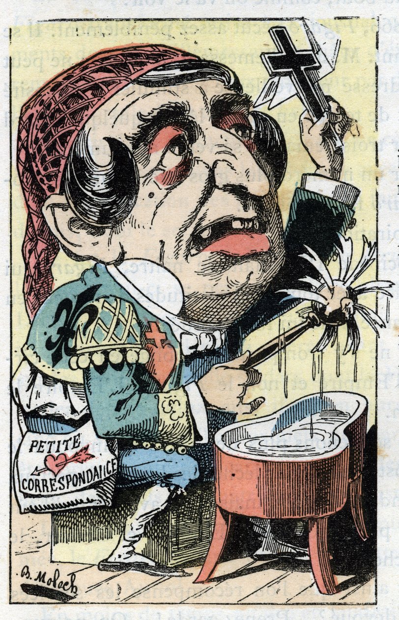 A Le Figaro francia újság allegóriája a Touchatout „Le Trombinoscope”-jában, B. Moloch rajzfilmje 1882-ből (1849-1909). Magángyűjtemény. alkotó: Moloch
