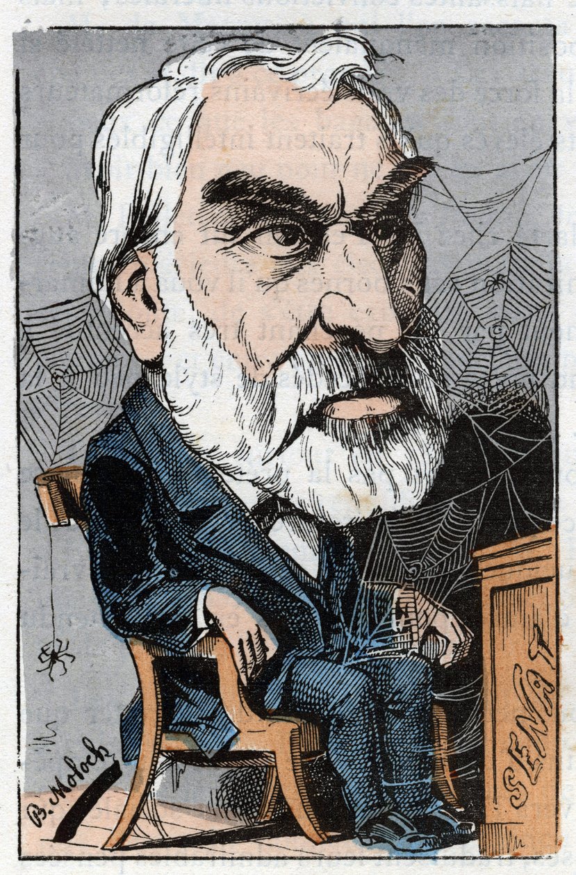 Eugene Pelletan (1813-1884), francia irodalmi újságíró és politikus a Touchatout „Le Trombinoscope” című filmjében, B. Moloch 1882-es rajzfilmjében (1849-1909). Magángyűjtemény. alkotó: Moloch