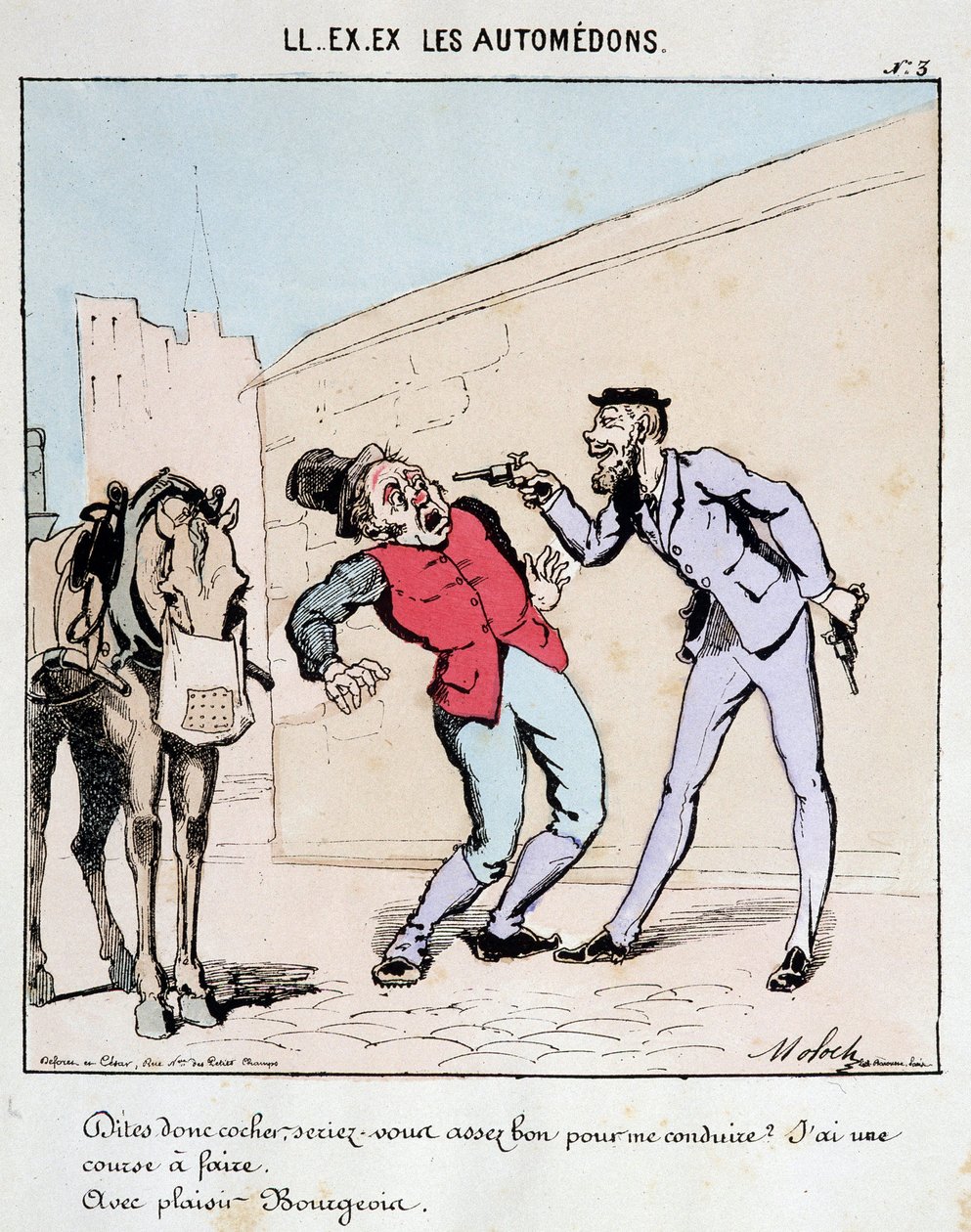 Ő. VOLT. VOLT. Motoredons: Rajzfilm a közlekedésről a városban. Egy burzsoá udvariasan megkér egy kocsist, hogy vezesse el, miközben fegyverrel fenyegeti. Moloch (1849-1909) rajza, 1860 körül. alkotó: Moloch