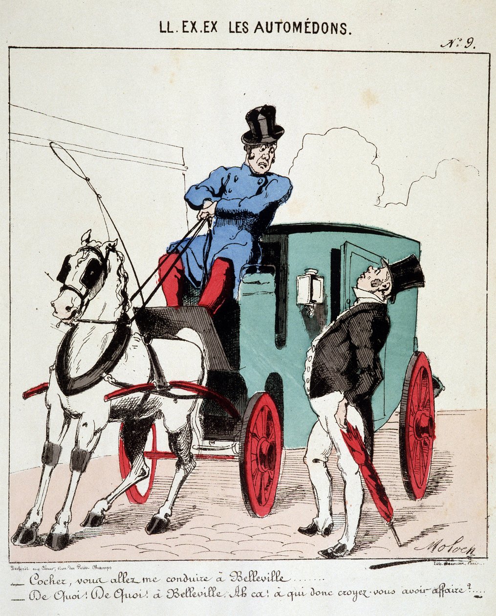 Ő. VOLT. VOLT. Motoredons: Rajzfilm a közlekedésről a városban. Egy kocsis nem hajlandó elvinni egy burzsoát Belleville-be (Quartier de Paris). Moloch (1849-1909) rajza, 1860 körül. alkotó: Moloch