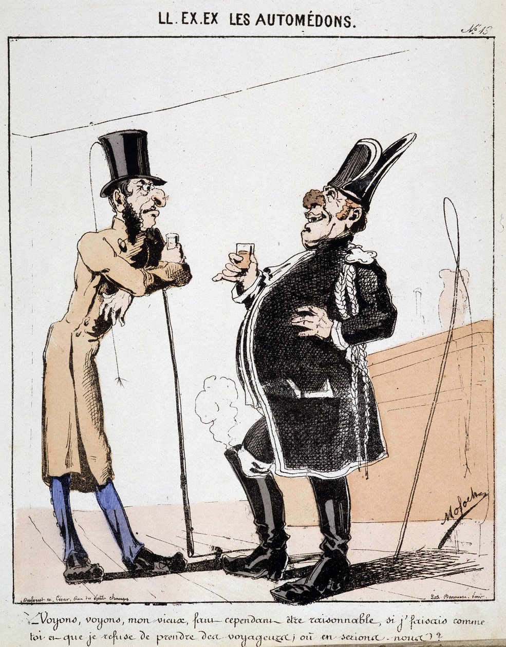 Ő. VOLT. VOLT. Motoredons: Rajzfilm a közlekedésről a városban. Két kocher beszélget egy pohár alkohol mellett, ahelyett, hogy utasokat vinne. Moloch (1849-1909) rajza, 1860 körül. alkotó: Moloch