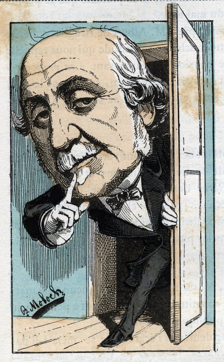 Albert, Broglie hercege (1821-1901), francia történész és politikus portréja a Touchatout „Le Trombinoscope” című művében, B. Moloch rajzfilmje 1882-ből (1849-1909). Magángyűjtemény. alkotó: Moloch